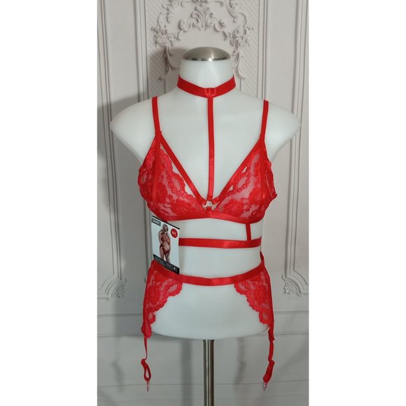 NWT Starline Red Strappy Halter Bralette And Garter 3 Piece Set Sz M/L - Picture 8 of 10